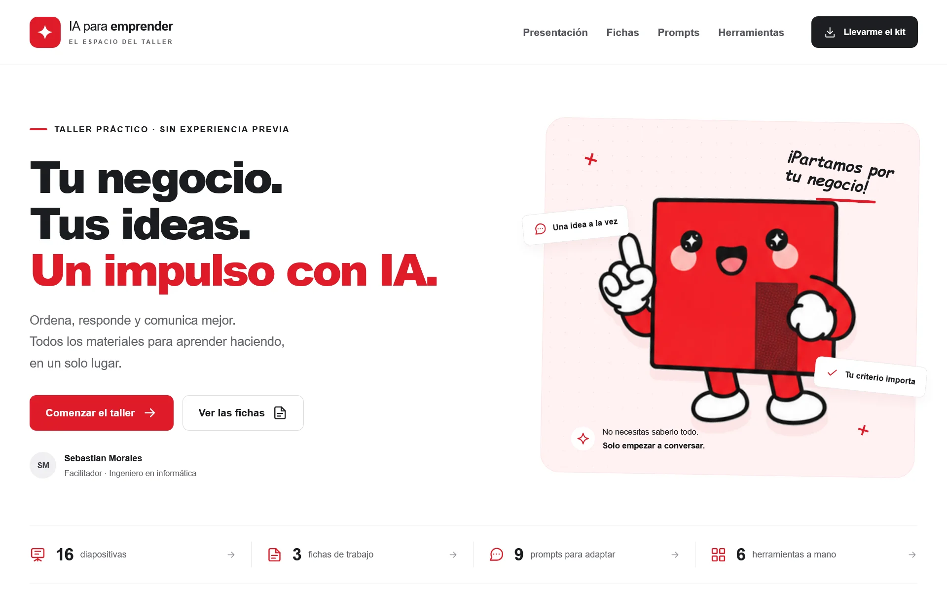 Interfaz de emprende.soyelseba.cl — Curso de IA para Emprendedores