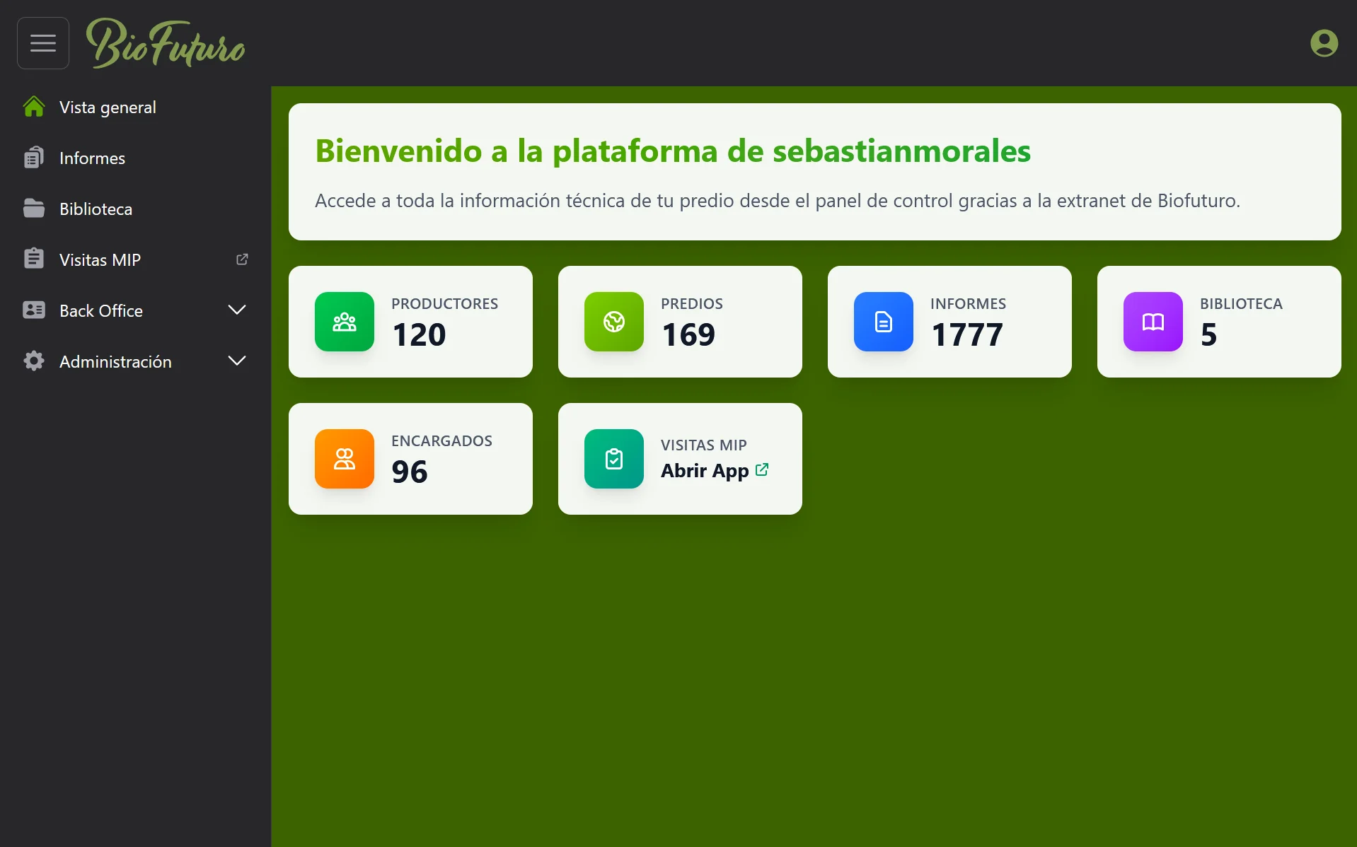 Interfaz de extranet.biofuturo.cl — Gestión y Resultados MIP